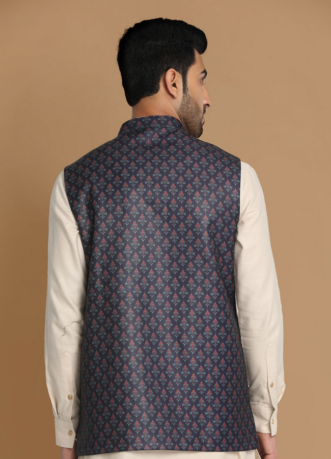 alt message - Manyavar Men Navy Blue Printed Modi Jacket image number 2